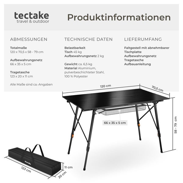 tectake Logo. Campingtisch Produktinfos: Abmessungen circa 120 mal 70,5 mal 58 bis 79 Zentimeter, Belastbarkeit, Material und Lieferumfang.