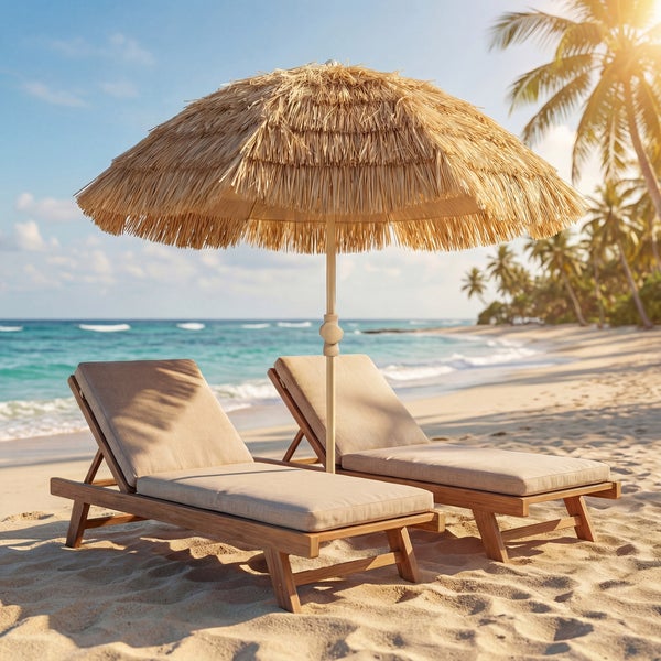 Zwei Sonnenliegen aus Holz mit hellen Auflagen stehen unter einem großen Sonnenschirm aus Stroh an einem Sandstrand mit Palmen.