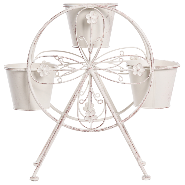 Pflanzenständer aus Metall im Riesenrad-Design mit drei passenden Töpfen und floralen Dekoelementen.