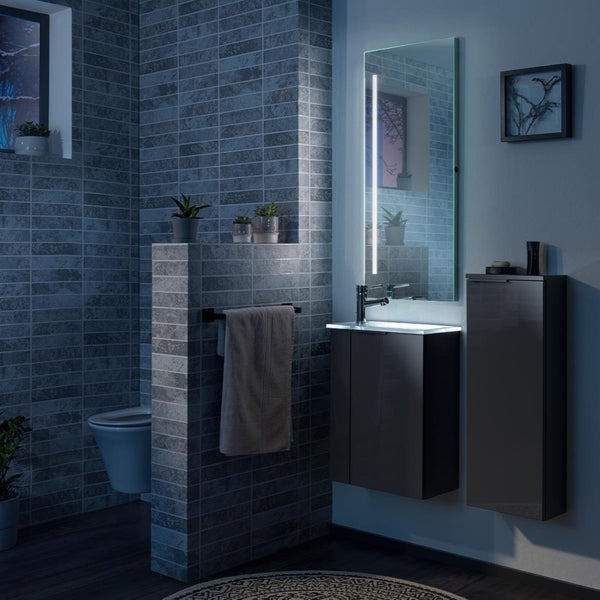 Fackelmann LUNA Gäste-WC Set 2 Teile – Waschtischunterschrank in Anthrazit mit Waschbecken aus Glas in Weiß – SBC Waschbeckenunterschrank schmal – Türanschlag rechts – 45 cm breit