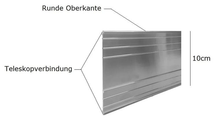Metall-Rasenkante mit einer Höhe von 10 Zentimetern, runder Oberkante und Teleskopverbindung.