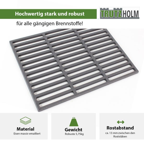 Rechteckiger Grillrost aus massivem emailliertem Gusseisen von Trutzholm mit 13 Millimeter Stababstand und 5,75 Kilogramm Gewicht.
