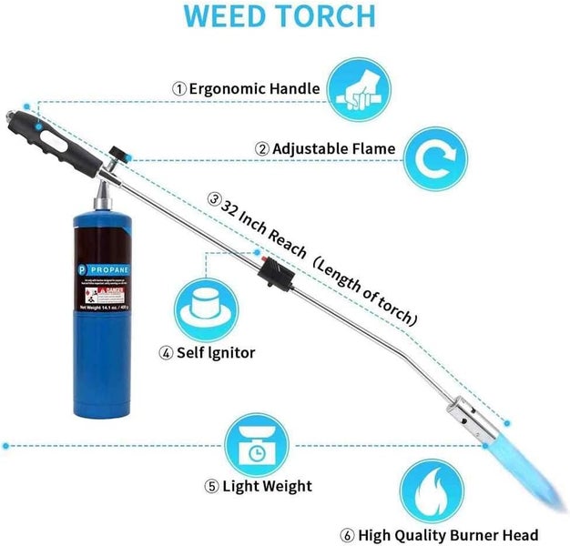 JUNG Kinzo Unkrautvernichter 80cm, Unkrautbrenner inkl 10 Gaskartuschen je 227g, Gasbrenner mit Piezozündung, Abflammgerät max 1000 °C, Brenner Flamme regulierbar,ideal als Grillanzünder, Shisha