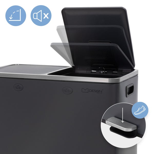 ML-Design Mülleimer Küche 2x 30L (60L) Anthrazit, Mülltrennsystem 2 Fächer, Treteimer zur Mülltrennung, Abfalleimer aus Stahl, herausnehmbarer Kunststoff Inneneimer, Klappdeckel, Softclose, luftdicht