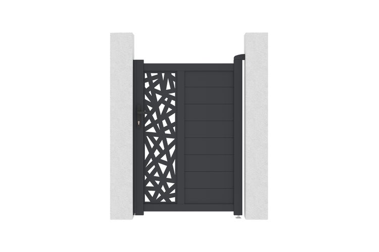 Modernes Gartentor aus Aluminium mit horizontalen Lamellen und dekorativem Laserschnitt-Muster zwischen zwei Pfosten.