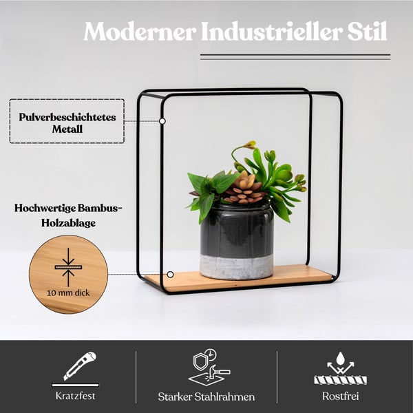 Modernes Wandregal im Industriestil mit schwarzem Metallrahmen und 10 Millimeter dicker Bambusablage, kratzfest, rostfrei und stabil.