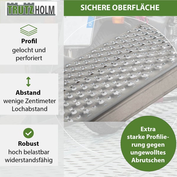 Trutzholm Logo, sichere, gelochte und perforierte Oberfläche mit geringem Lochabstand für hohe Belastbarkeit und Widerstandsfähigkeit gegen ungewolltes Abrutschen.