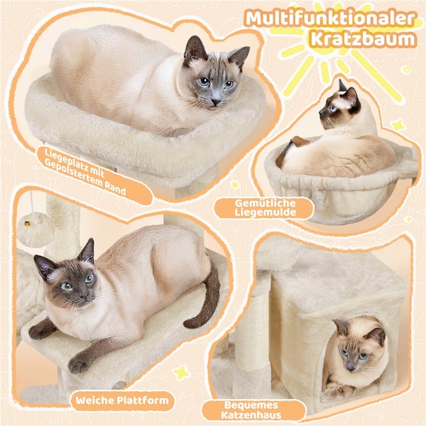 Multifunktionaler Kratzbaum mit Liegeplatz, Liegemulde, weicher Plattform und Katzenhaus, Katzen