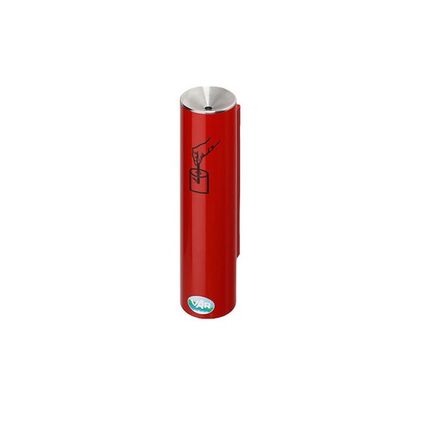 Roter Wandascher aus Metall, zylindrisch, mit trichterförmiger Öffnung, Zigarettensymbol und VAR Logo.