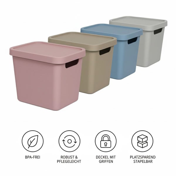 Vier Kunststoffboxen mit Deckel und Griffen, BPA-frei, robust, pflegeleicht und platzsparend stapelbar