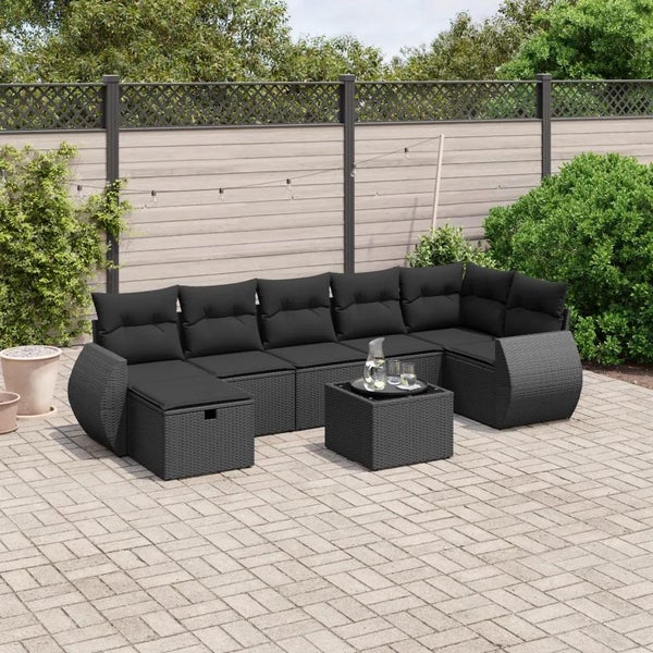 8-tlg. Garten-Sofagarnitur mit Kissen Schwarz Poly Rattan