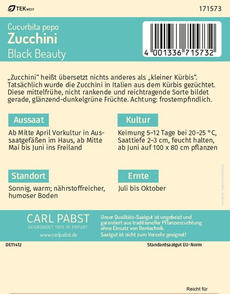 Rückseite der Samentüte für Zucchini Black Beauty von Carl Pabst mit Details zu Aussaat, Pflege und Ernte. Carl Pabst Logo. Tekwest Logo.