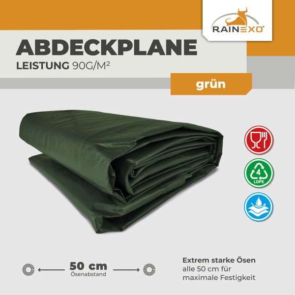 Grüne Rainexo Abdeckplane, 90 Gramm pro Quadratmeter, 50 Zentimeter Ösenabstand, lebensmittelecht, wasserdicht, recycelbar. Rainexo Logo.