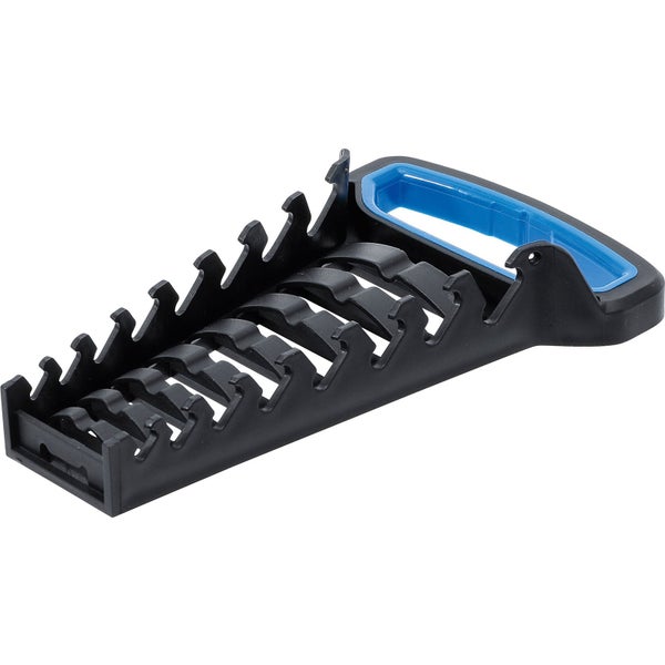 Schlüsselhalter aus Kunststoff für 12 Maulschlüssel mit blauem Tragegriff.