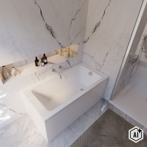 Modernes Badezimmer mit eingebauter Badewanne, Wandnische und angrenzender Dusche, verkleidet mit Fliesen in Marmoroptik.