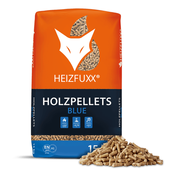 Heizfuxx Blue Holzpellets im 15 Kilogramm Sack, ENplus A1 zertifiziert, Heizwert mindestens 4,6 Kilowattstunden pro Kilogramm.