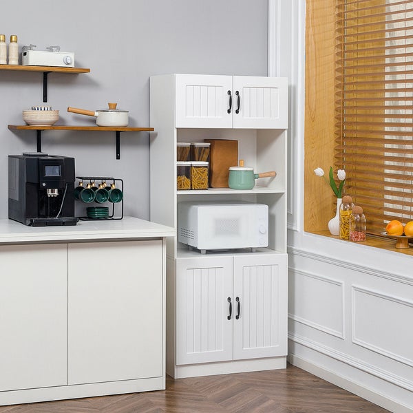 HOMCOM Küchenschrank Küchenbuffet Hochschrank mit 2 Regalen und 2 Schränken Esszimmerschrank mit verstellbaren Regalböden Mikrowellenregal Anti-Kipp-Gurt Landhausstil Weiß