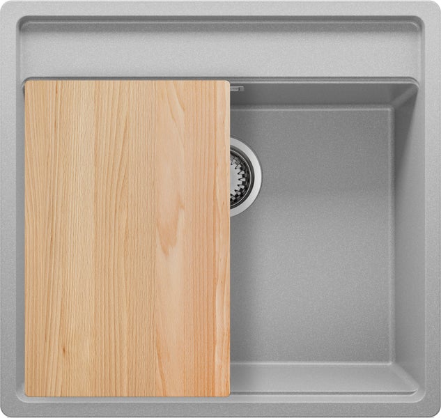 PRIMAGRAN Unterbauspüle Granit Grau 56x53cm, Spülbecken 1 Becken + Ablauf-Set + Schneidebrett, Granitspüle ab 60er Unterschrank - Bergen