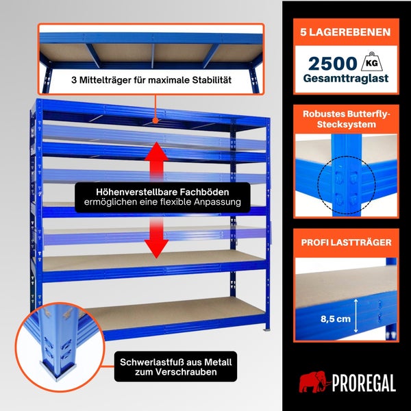 Schwerlastregal mit fünf Böden, 2500 Kilogramm Traglast, höhenverstellbaren Ebenen, Butterfly-Stecksystem und Metallfüßen von Proregal.