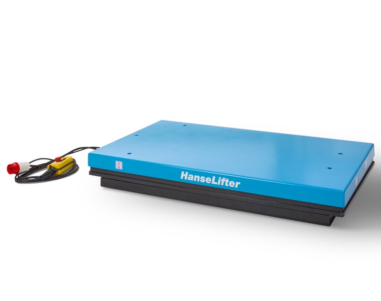 HanseLifter Flachform-Hubtisch in Blau mit Fernbedienung und Stromkabel.