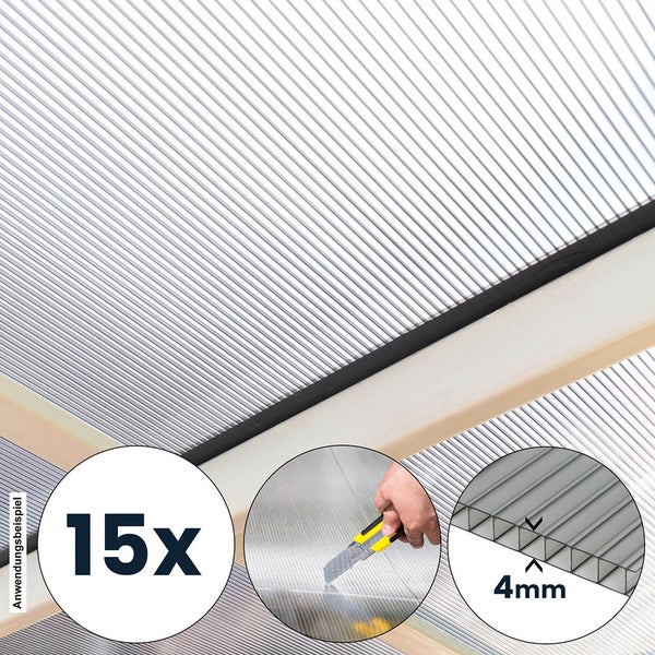 15 Stück Polycarbonat Hohlkammerplatten mit 4 Millimeter Stärke, zuschneidbar mit Cuttermesser, für Gewächshäuser oder Überdachungen.
