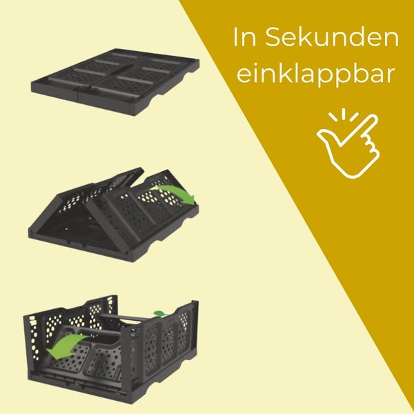 Schwarze Klappbox aus Kunststoff, Darstellung des Klappmechanismus in drei Schritten. In Sekunden einklappbar.