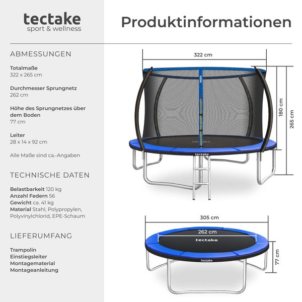Produktinformationen für Tectake Gartentrampolin mit Sicherheitsnetz und Leiter, Gesamtmaße 322 mal 265 Zentimeter, Belastbarkeit 120 Kilogramm.