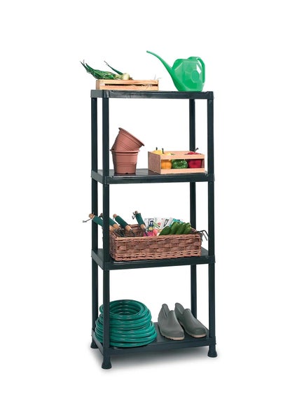 Kunststoffregal mit vier Ebenen für Gartenutensilien wie Gießkanne, Blumentöpfe, Gartenwerkzeug und Gartenschlauch.