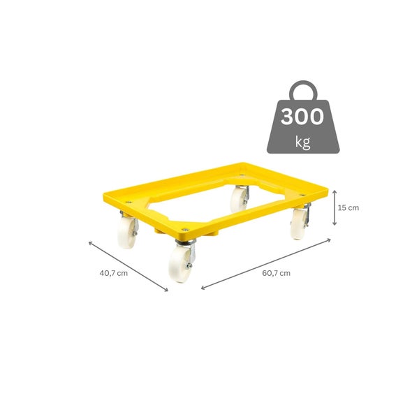 PROREGAL Transportroller für Euroboxen 60 x 40 cm mit Kunststoffräder Gelb Offenes Deck 2 Lenkrollen und 2 Bremsrollen Traglast 300 kg