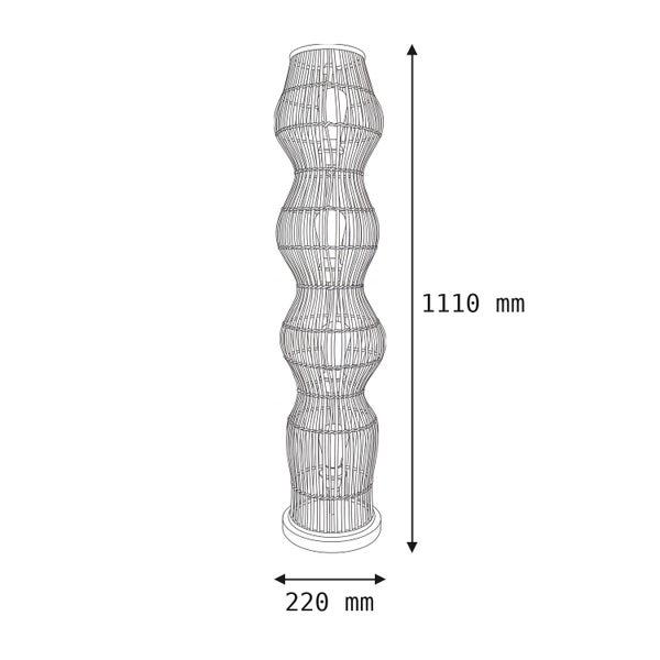 Masszeichnung einer gewellten Stehleuchte aus Geflecht, Höhe 1110 Millimeter, Breite 220 Millimeter.