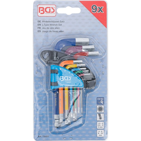 BGS Winkelschlüssel-Satz Multicolour kurz Innensechskant, Innensechskant mit Kugelkopf 1,5 - 10 mm 9tlg. - 74451