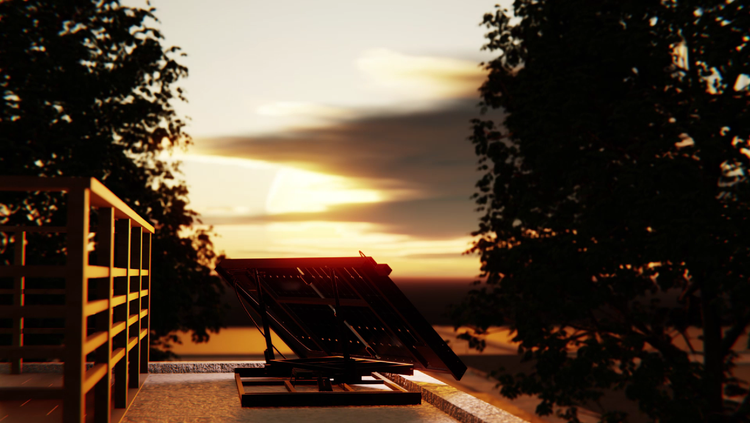 Szene mit einem Solarmodul auf einem Dach bei Sonnenuntergang
