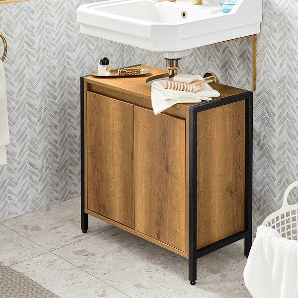 Waschtischunterschrank mit Holztüren und schwarzem Metallrahmen unter einem Waschbecken im Badezimmer.