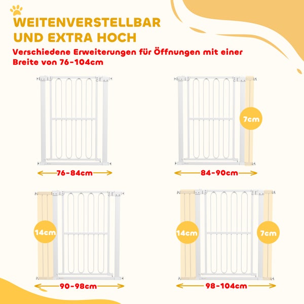 PawHut Türschutzgitter Hund, 76-104 cm Absperrgitter ohne Bohren, Treppengitter aus Stahl, Treppenschutzgitter, Schutzgitter, Sicherheitsgitter für Treppen, Tür, Flur, Weiß