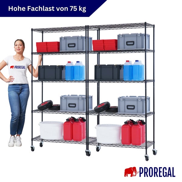 Schwarzes Gitterregal auf Rollen von ProRegal mit fünf Ebenen, Fachlast 75 Kilogramm. Beladen mit Boxen und Kanistern. ProRegal Logo.