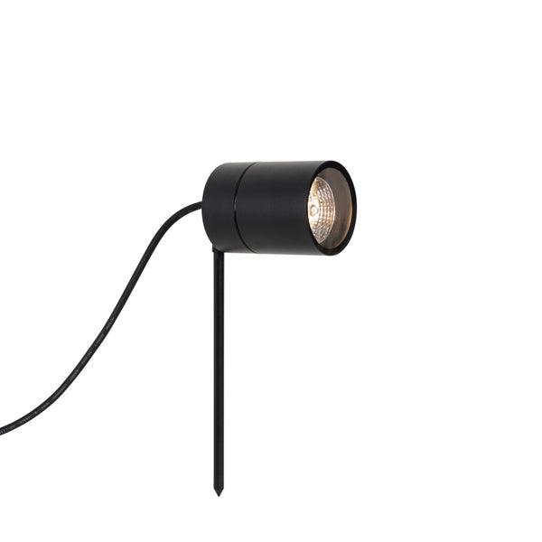 Schwarzer Gartenstrahler mit Erdspieß und Netzkabel für die Außenbeleuchtung.