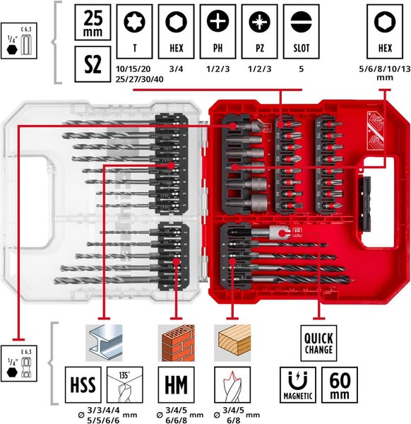 Einhell L-CASE 40-tlg. Bit- und Bohrer-Set (25-mm-Bits, Schnellwechselbithalter, Steckschlüssel, Senker, Metall-, Stein- und Holzbohrer inkl. Aufbewahrungsbox)