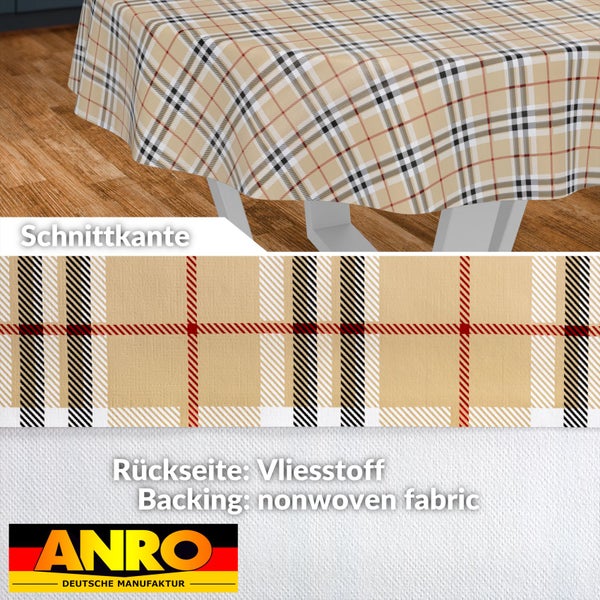 Karierte Tischdecke mit Schnittkante und Rückseite aus Vliesstoff. ANRO DEUTSCHE MANUFAKTUR Logo.