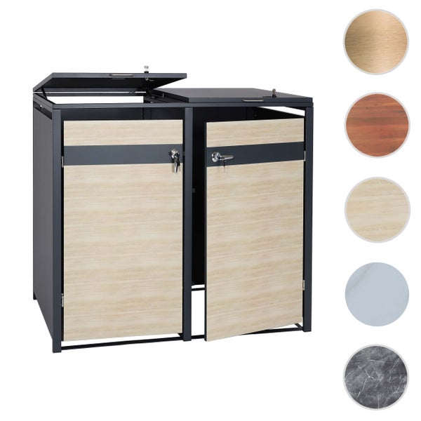 Doppel-Mülltonnenbox aus Metall und Holz mit Schloss