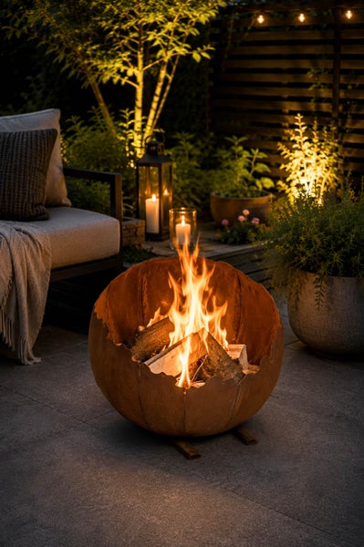 Eine rostige Feuerstelle in Kugelform mit brennendem Holz auf einer Terrasse in einem beleuchteten Gartenambiente.