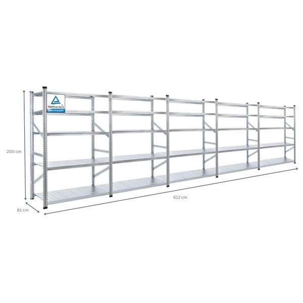 PROREGAL Fachbodenregal Stecksystem Proximo Komplettregal HxBxT 200 x 600 x 60 cm 5 Ebenen Fachlast 200 kg Beidseitig Nutzbar Verzinkt