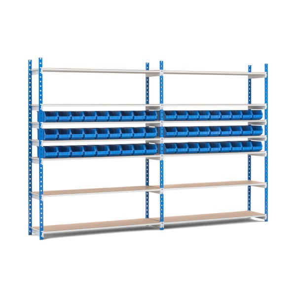 PROREGAL Fachbodenregal MAXIMUS mit 312x Sichtlagerboxen à 2L Fachlast 114kg Komplettregal HxBxT 200x250x30cm 13 Ebenen Lichtblau/Lichtgrau