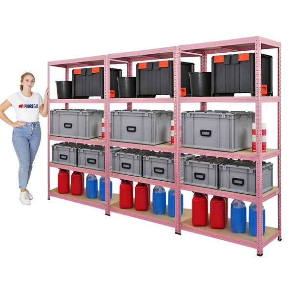 PROREGAL Mega Deal 3x Schwerlastregal PINK LADY, HxBxT 180x90x40cm, Fachlast 175kg, 5 Ebenen, Pink, Kellerregal, Steckregal, Garagenregal, Lagerregal
