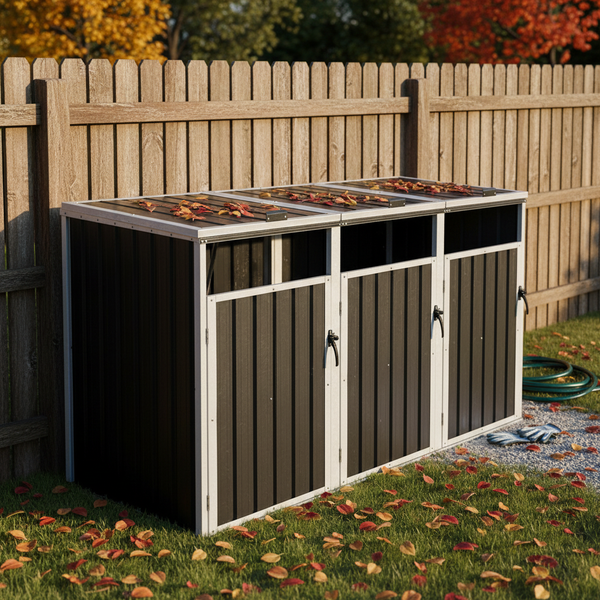 Mülltonnenbox aus Metall für drei Abfalltonnen vor einem Holzzaun im Garten mit herbstlichen Blättern.