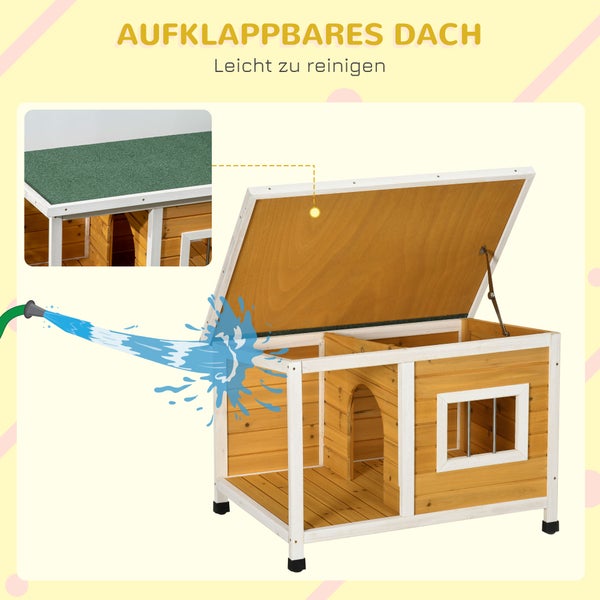 PawHut Hundehütte, Tannenholz, Hundehaus mit Terrasse und aufklappbarem Asphaltdach, Hütte für kleine Hunde, Indoor, Outdoor, wetterfest, Orange, 85,5 x 62 x 60 cm
