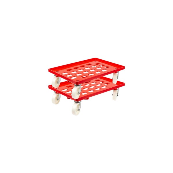 PROREGAL SparSet 2x Transportroller für Euroboxen 60 x 40 cm mit Kunststoffräder Rot Gitter/Rasterdeck 2 Lenkrollen und 2 Bockrollen Traglast 300 kg