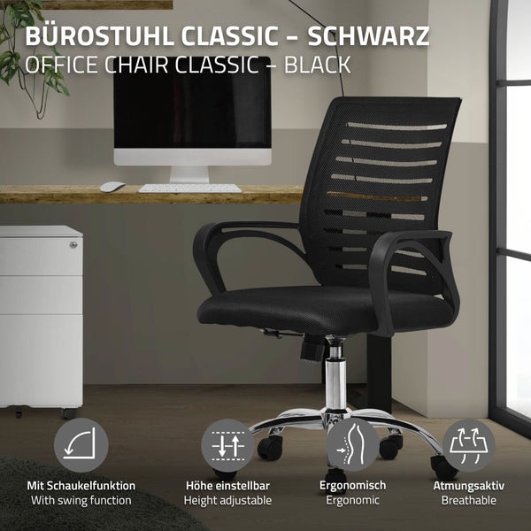 ML-Design Bürostuhl ergonomisch, Schwarz, Höhenverstellbarer Schreibtischstuhl mit Armlehnen, Computerstuhl mit atmungsaktiver Netzbespannung, Wippfunktion, 360° Drehstuhl mit Rollen, Gaming Stuhl