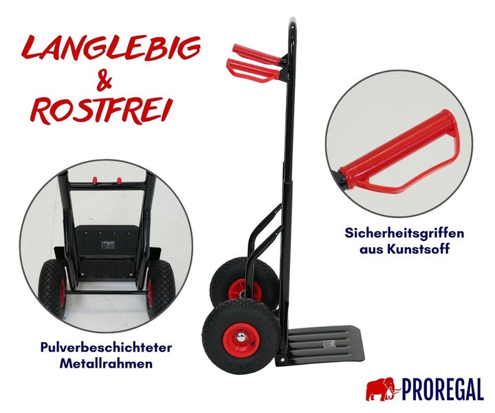 Rostfreie Sackkarre mit pulverbeschichtetem Metallrahmen, Sicherheitsgriffen aus Kunststoff und Luftreifen. Proregal Logo.