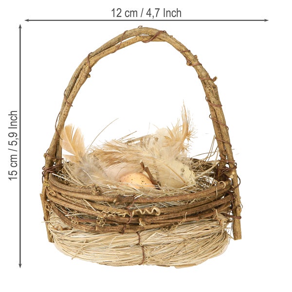 Dekorativer Osterkorb aus Naturmaterialien mit Federn und Ostereiern, Abmessungen 12 x 15 cm