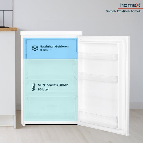 homeX Kühlschrank mit Gefrierfach klein Mini Kühl-Gefrierkombination 109 Liter freistehend 4-Sterne Gefrieren weiß
